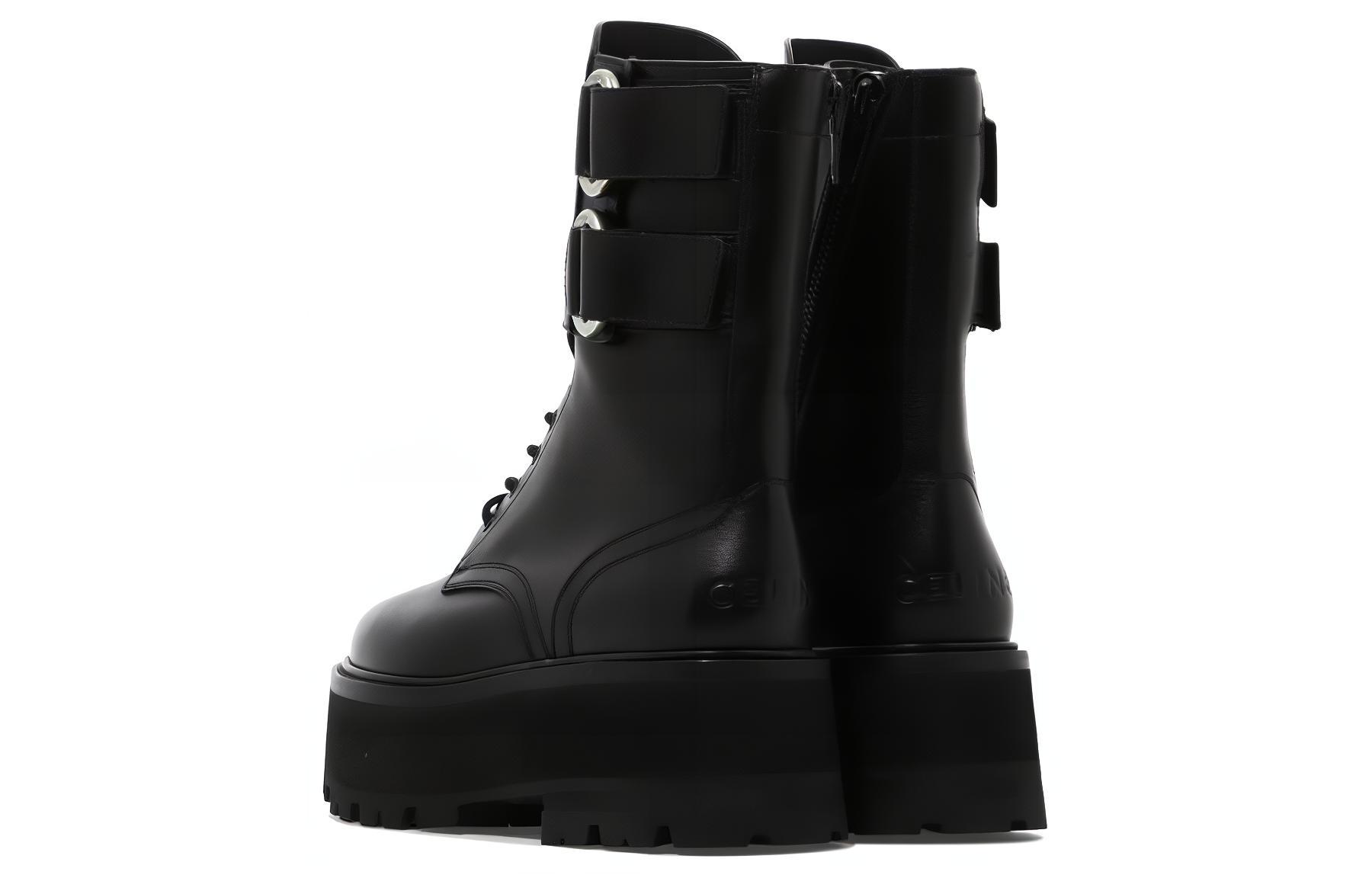 Shop Bottines montantes en cuir à lacets épaisses CELINE ''Noir'' 352643579C.38NO