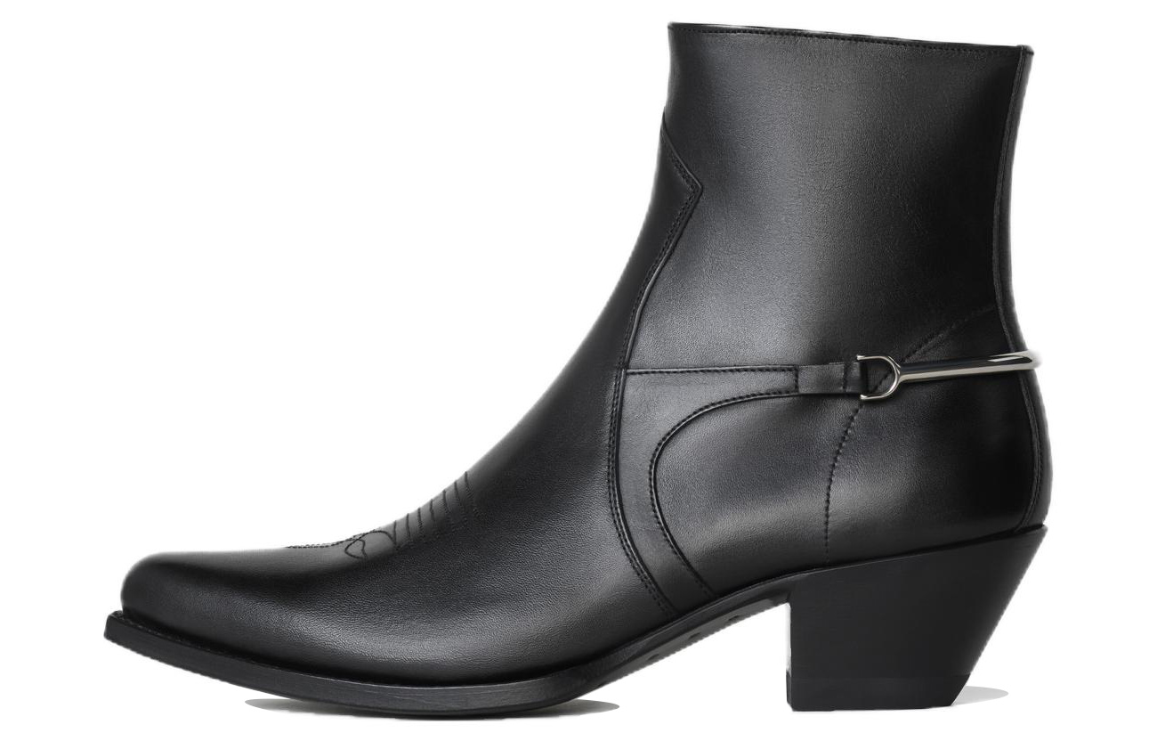 Buy セリーヌ レザーラウンドトゥ ジップチャンキーヒール アンクルブーツ (ブラック) 337313394C.38NO