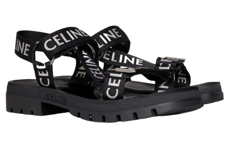 Shop CELINE Leo 提花錦綸條帶涼鞋 黑色