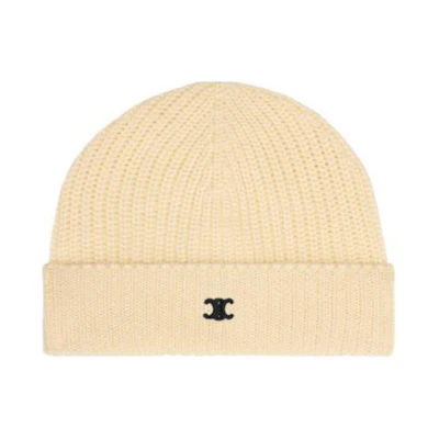 CELINE Logo Embroidered Cotton Beanie Unisex Couple Style in Off-White. 2ADAU347Y01OW