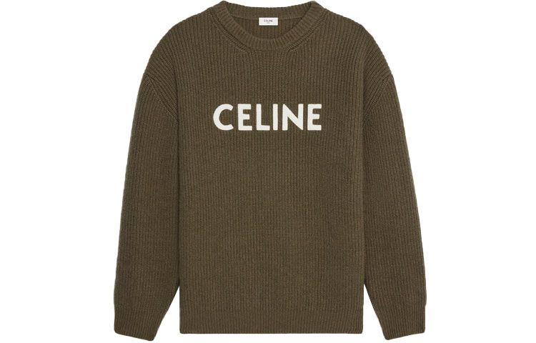 CELINE Logo Print Crewneck Sweater Khaki Green Long Sleeve 2A19R205O-15KH