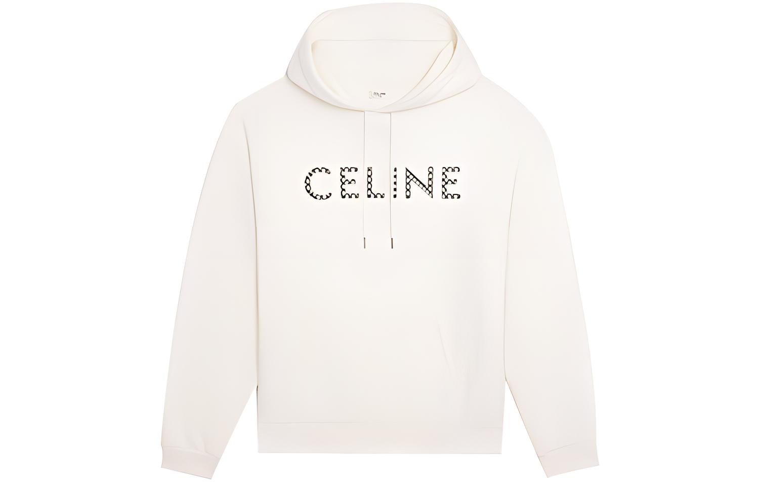 CELINE Logo Studded Fleece Hoodie Men’s Loose Fit Off-White 2Y479052H-01OW