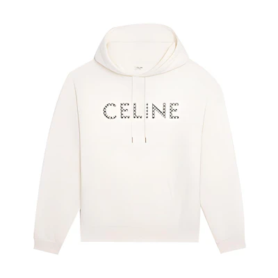 CELINE Logo Studded Fleece Hoodie Men’s Loose Fit Off-White 2Y479052H-01OW