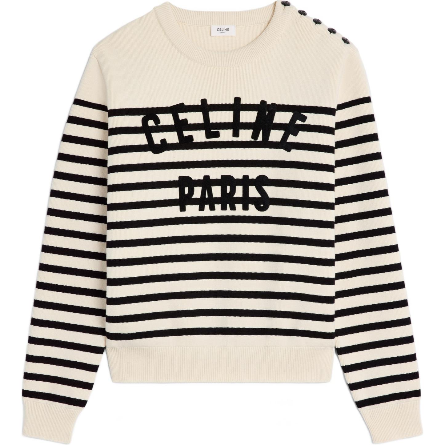 CELINE Marinière Cotton Crew Neck Striped Embroidered Sweater Black . 2ADDU012W-01OB