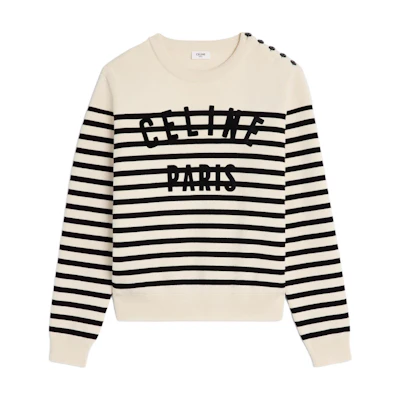 CELINE Marinière Cotton Crew Neck Striped Embroidered Sweater Black . 2ADDU012W-01OB