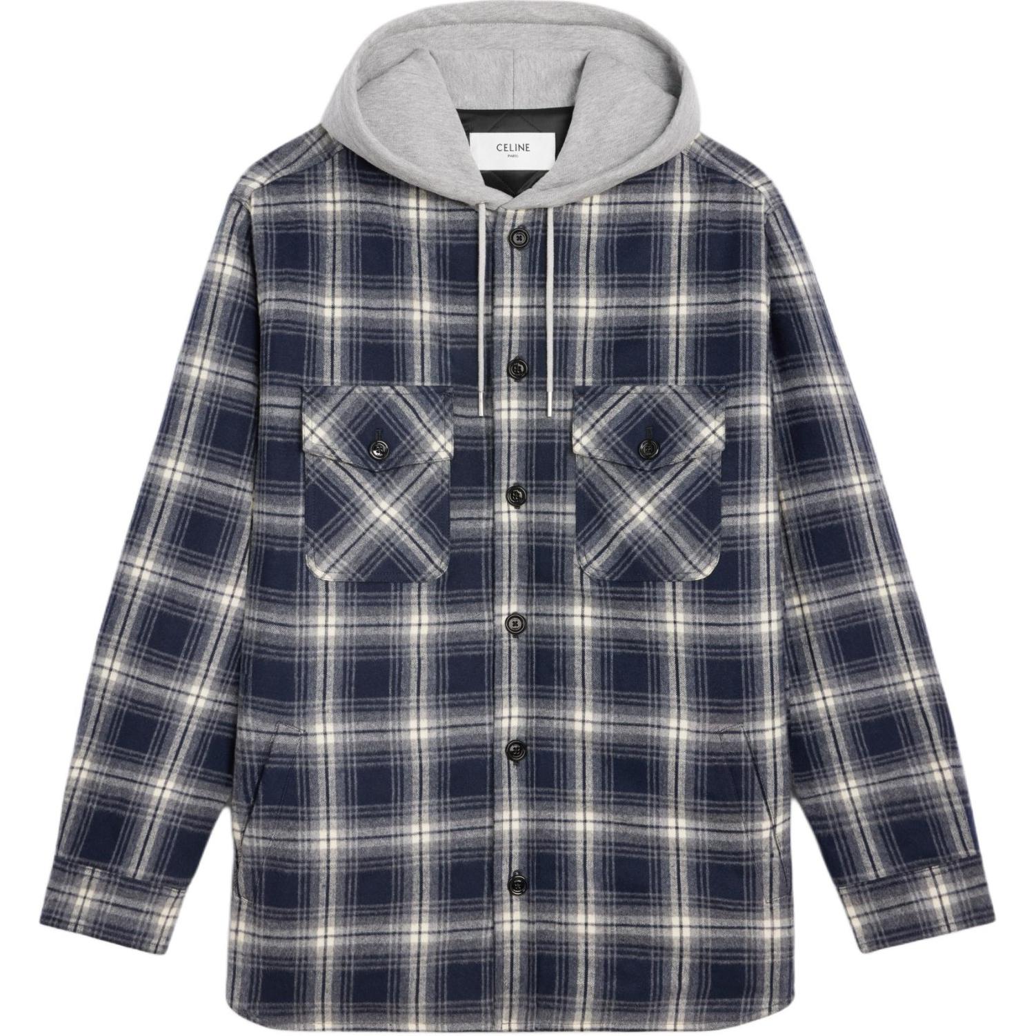 Celine Navy Blue Plaid Hoodie Jacket with Letter Logo and Button Closure 2W65B912X-07MR