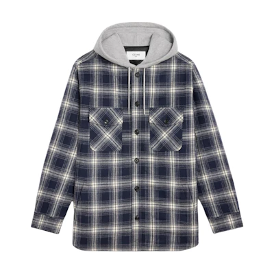 Celine Navy Blue Plaid Hoodie Jacket with Letter Logo and Button Closure 2W65B912X-07MR