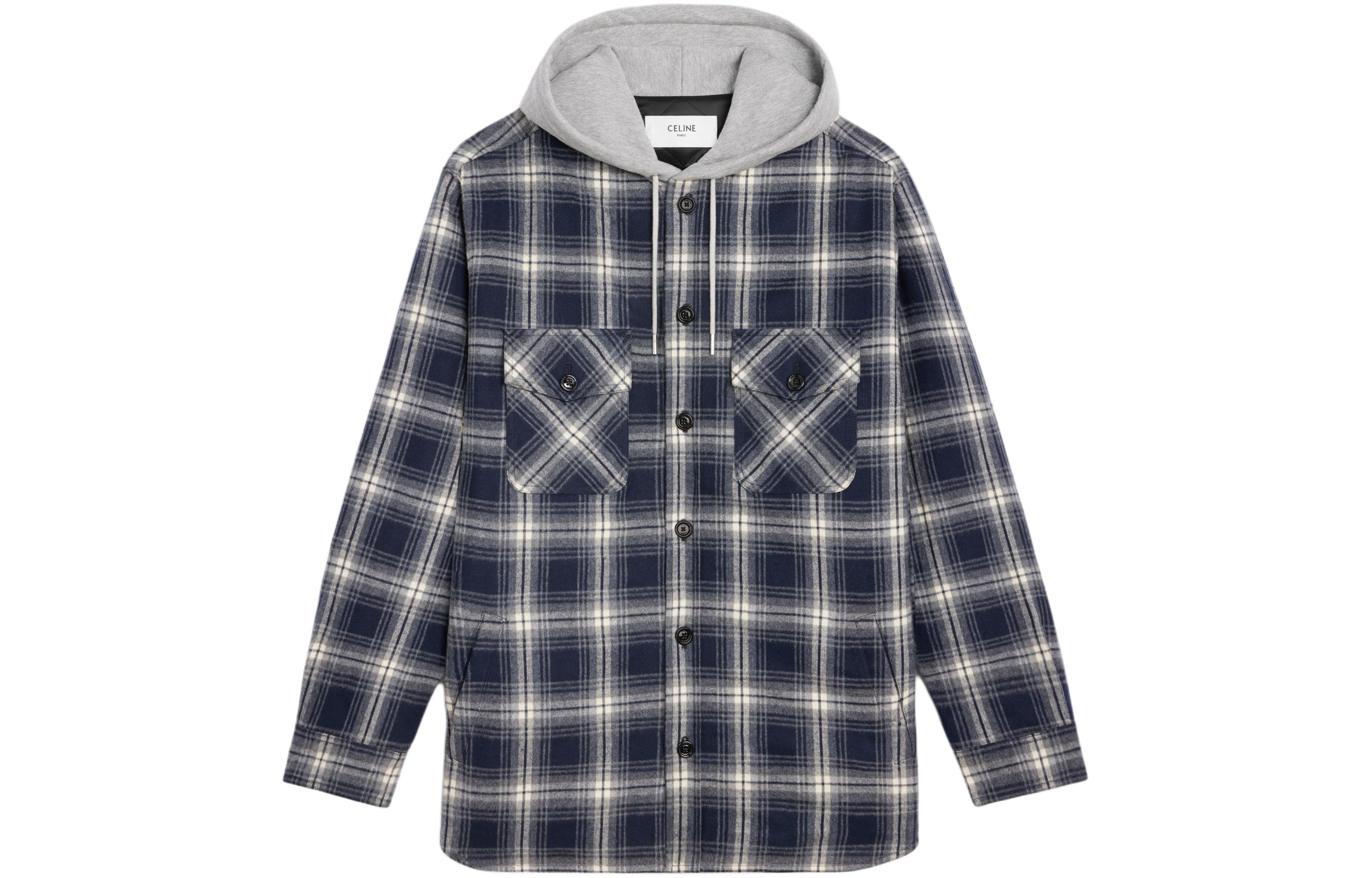 Order Celine 深藍色格紋連帽外套搭配字母標誌與按扣設計 2W65B912X-07MR