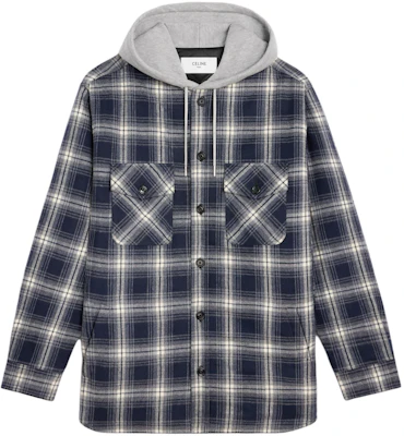 Celine 深藍色格紋連帽外套搭配字母標誌與按扣設計 2W65B912X-07MR Order Celine 深藍色格紋連帽外套搭配字母標誌與按扣設計 2W65B912X-07MR