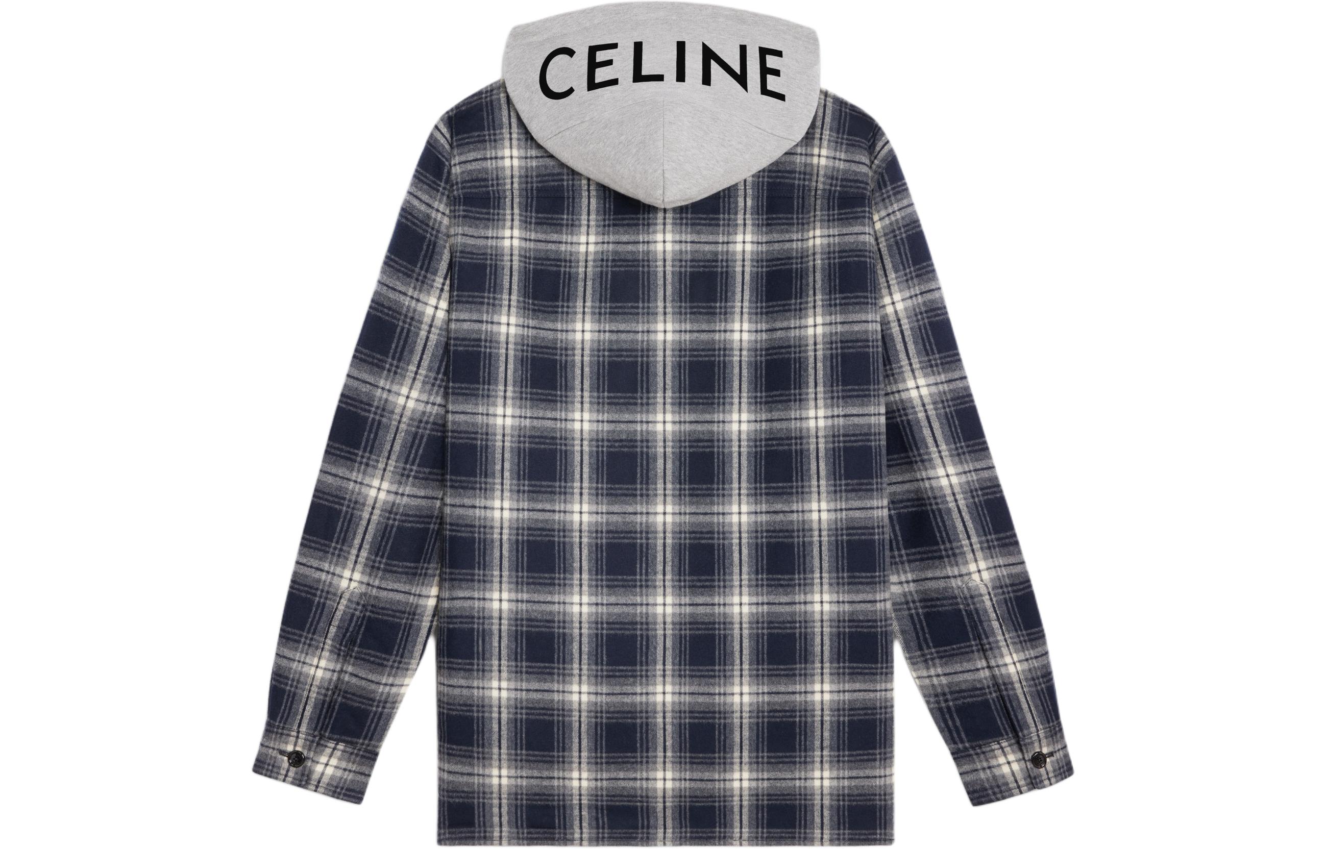 Lookbook Celine 深藍色格紋連帽外套搭配字母標誌與按扣設計 2W65B912X-07MR