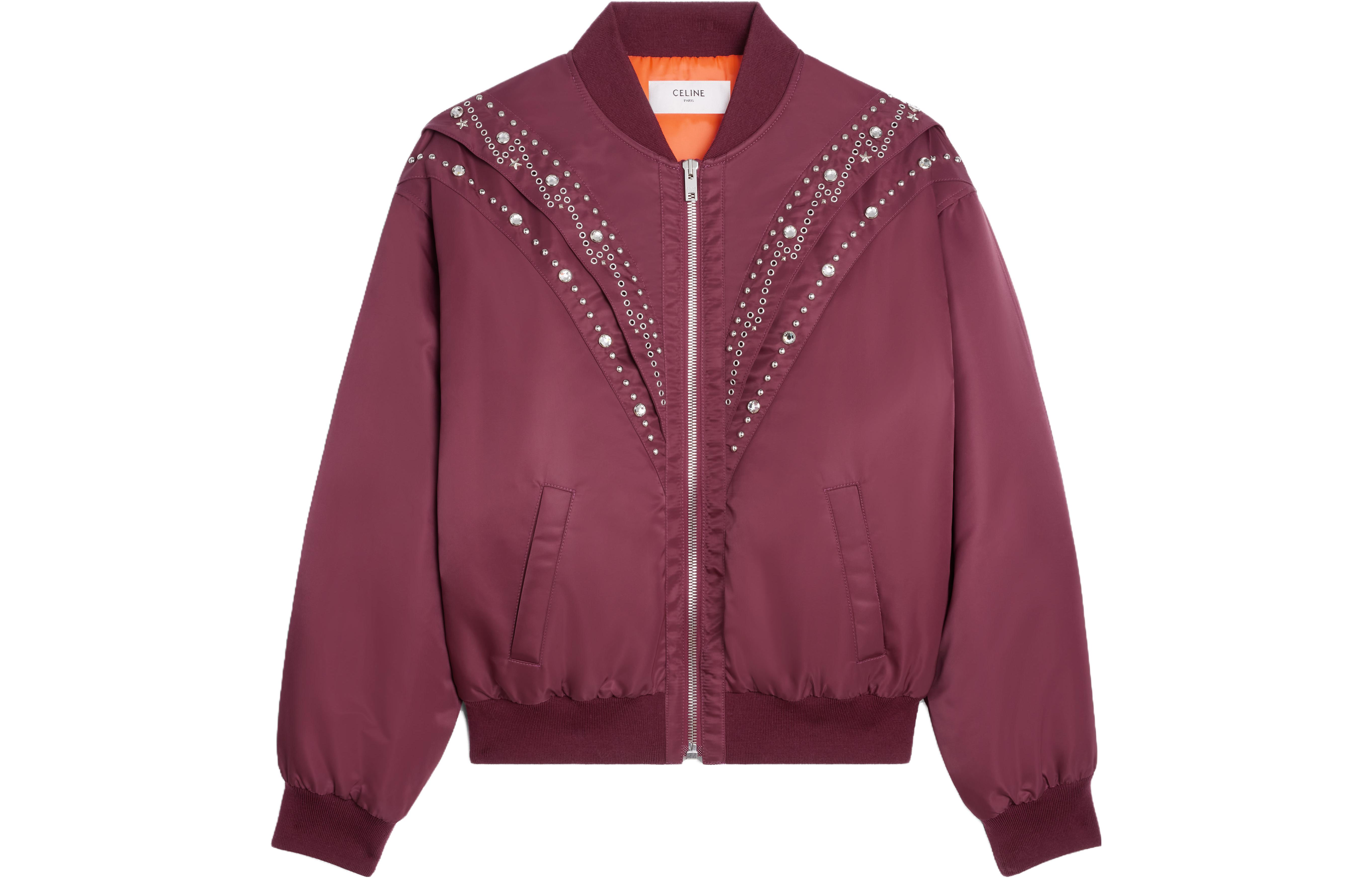 Celine Rhinestone Embellished Stand Collar Jacket in Burgundy 2W783396E-28BD