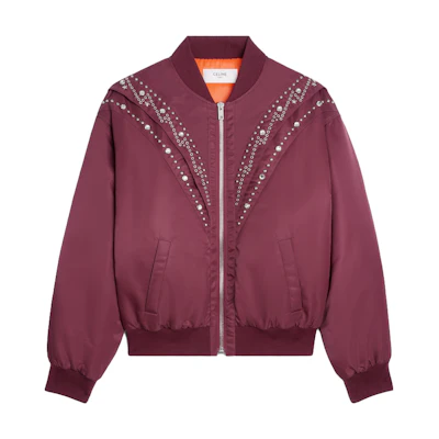 Celine Rhinestone Embellished Stand Collar Jacket in Burgundy 2W783396E-28BD