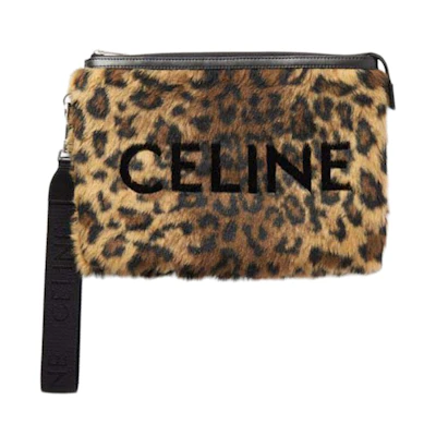 Celine Small Logo-Flocked Leopard-Print Faux Fur Pouch Natural/Black
