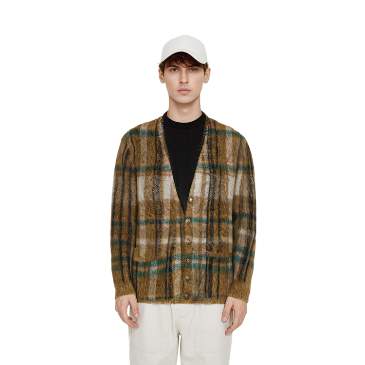 Shop CELINE SS21 グリーン チェック モヘア カーディガン セーター ジャケット 2A32J204L-30GN