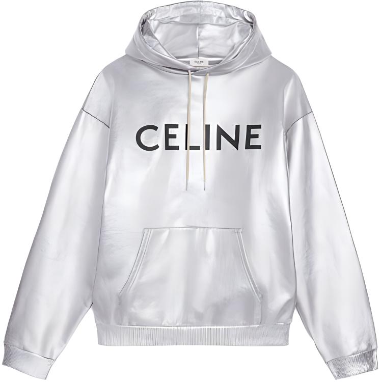 Celine SS21 Logo Print Silver Fleece Loose Fit Hoodie Men 2Y321684O-36SB