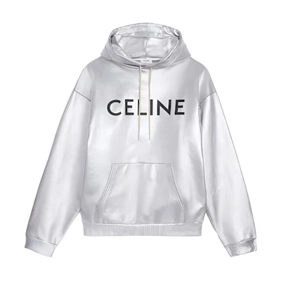 Celine SS21 Logo Print Silver Fleece Loose Fit Hoodie Men 2Y321684O-36SB