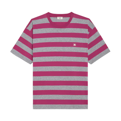 CELINE SS21 Striped Loose Fit Crew Neck Pink T-Shirt Men. 2X651795M-25GR