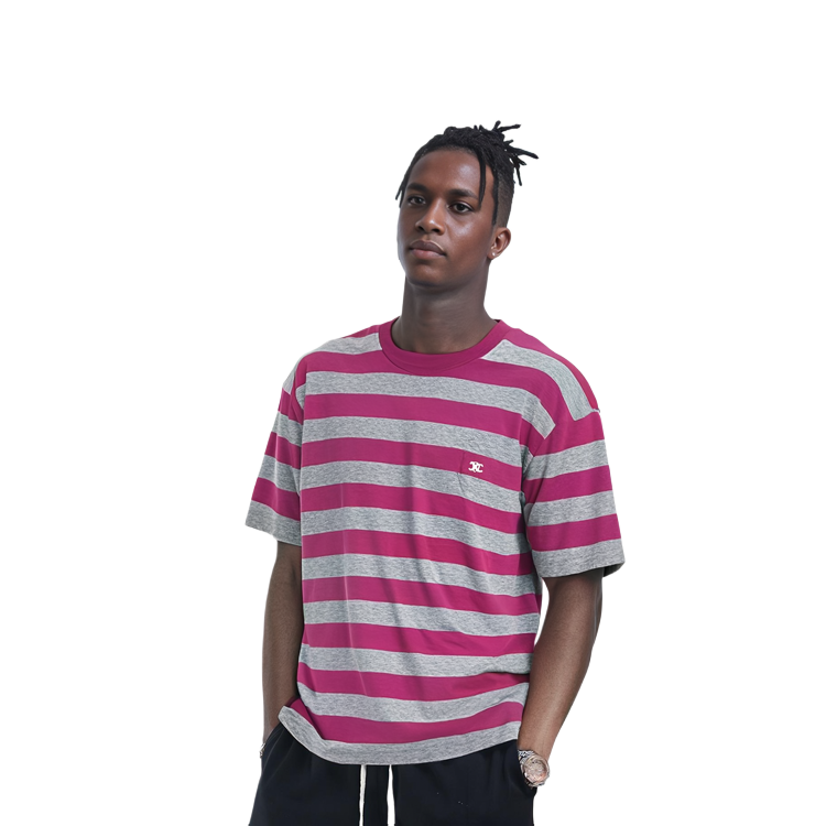 Shop CELINE SS21 Kaos Pria Pink Striped Loose Fit Crew Neck. 2X651795M-25GR