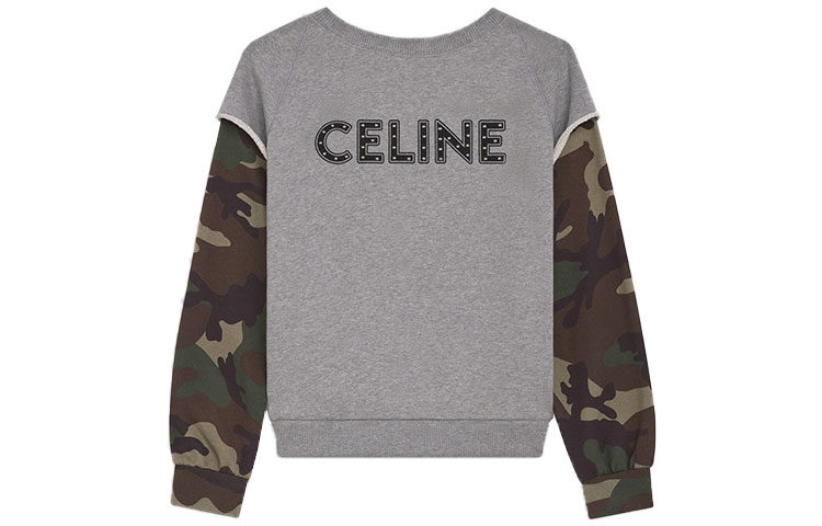 Celine SS21 Studded Logo Camouflage Sleeve Cotton Sweatshirt Grey Menswear 2Y340052H-09GK