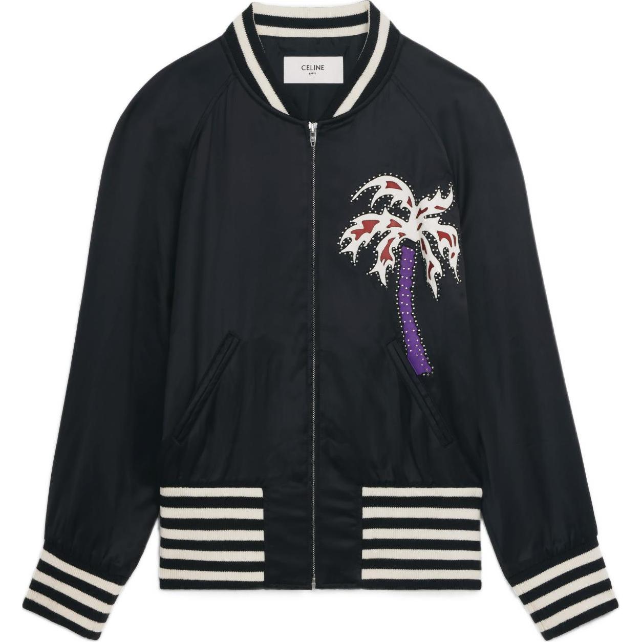 CELINE SS22 90s Satin Palm Tree Varsity Jacket  Black 2V57H851C-38NO