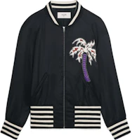 CELINE SS22 90s Satin Palm Tree Varsity Jacket Black 2V57H851C-38NO CELINE SS22 90s Satin Palm Tree Varsity Jacket Black 2V57H851C-38NO