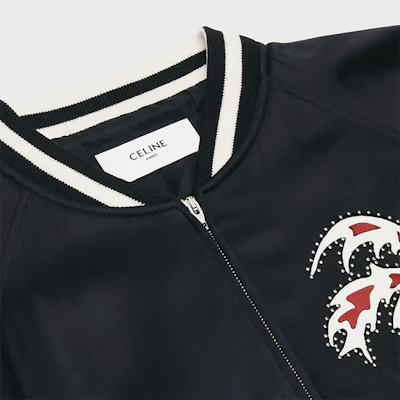 CELINE SS22 90s Satin Palm Tree Varsity Jacket Black 2V57H851C-38NO Purchase CELINE SS22 90s Satin Palm Tree Varsity Jacket Black 2V57H851C-38NO