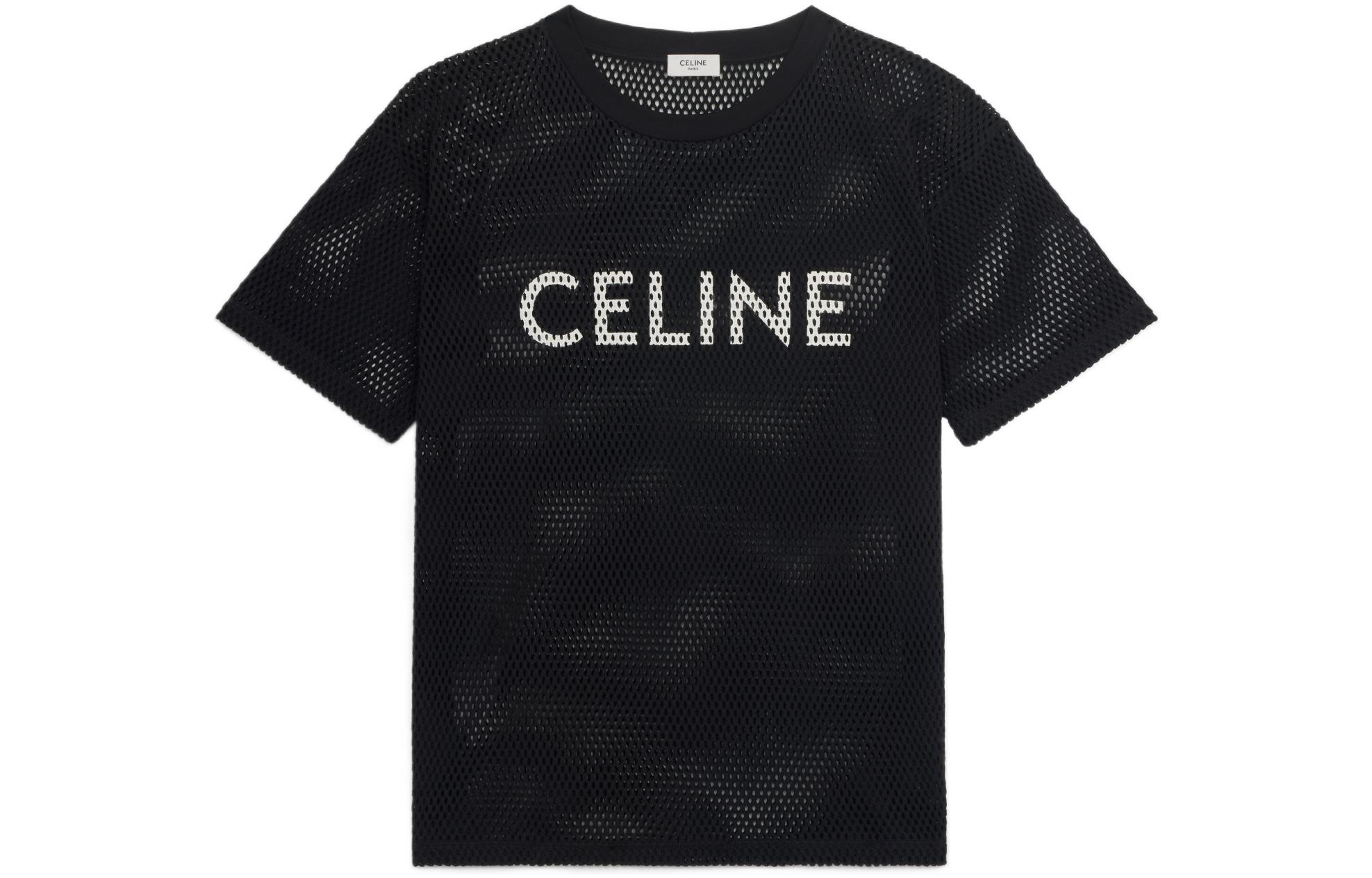 Order CELINE SS22 Kaos Hitam Crewneck Lengan Pendek dengan Cetak Huruf 2X62A950P-38AW