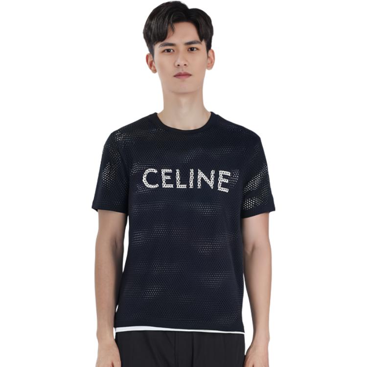 Purchase CELINE SS22 Kaos Hitam Crewneck Lengan Pendek dengan Cetak Huruf 2X62A950P-38AW