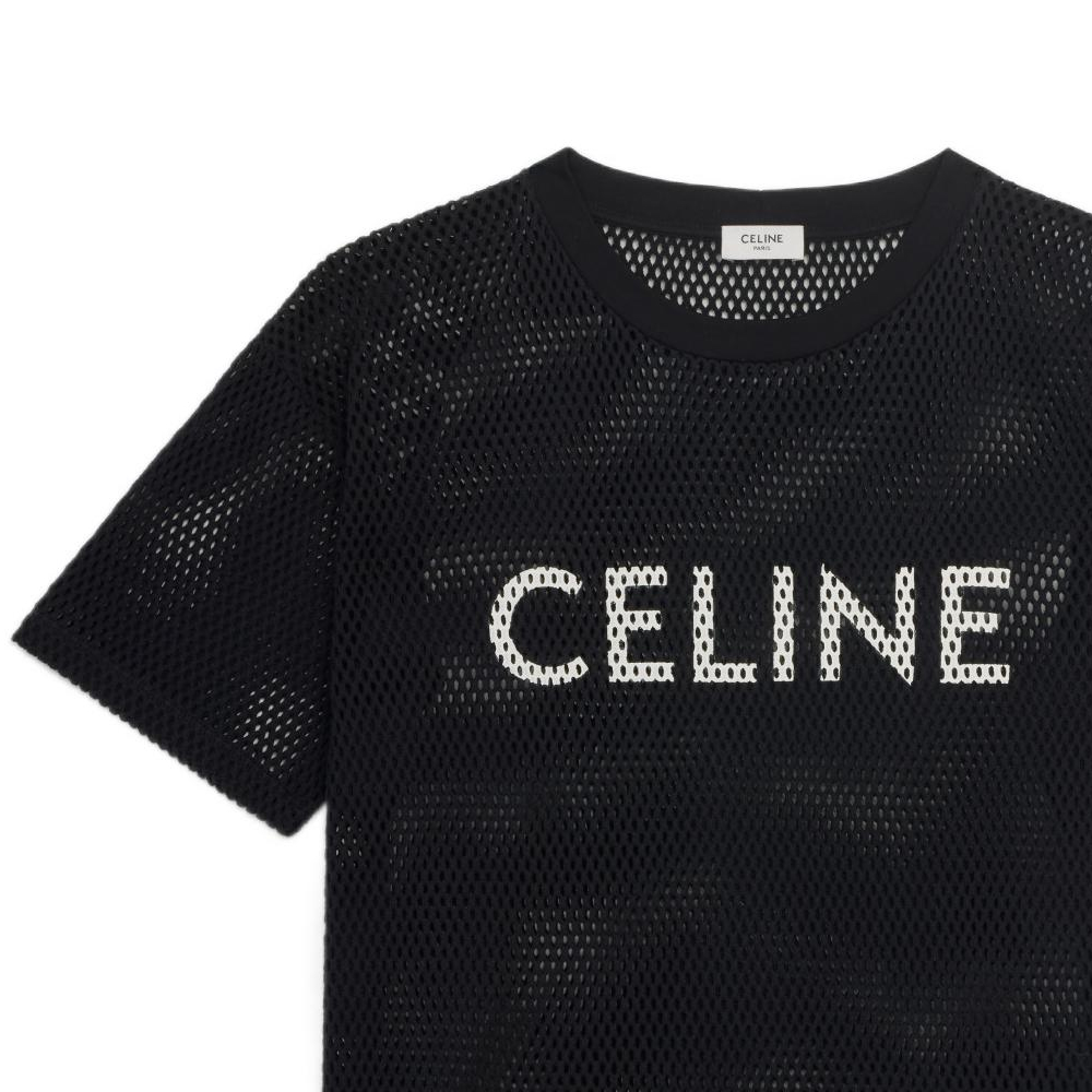 Details for CELINE SS22 Kaos Hitam Crewneck Lengan Pendek dengan Cetak Huruf 2X62A950P-38AW