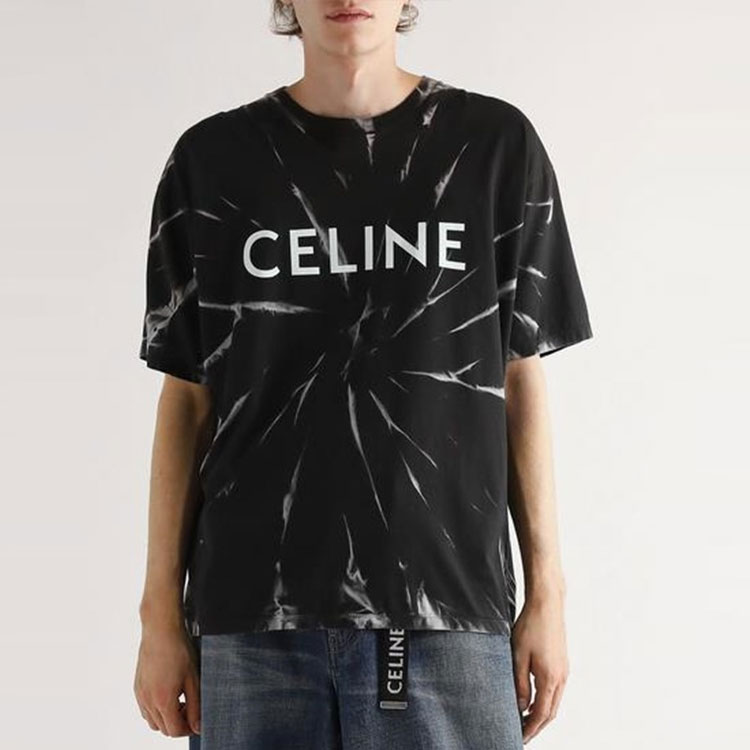 Shop CELINE SS22 Kaos Crewneck Hitam Tie-Dye Logo Print 2X820643O-38AW