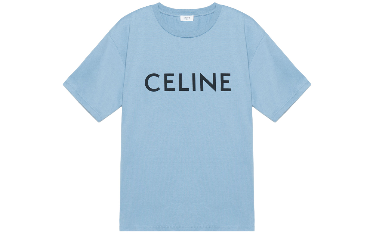 CELINE SS22  Blue Cotton Slim-Fit Logo Knit Short Sleeve T-Shirt 2X681671Q-05WL