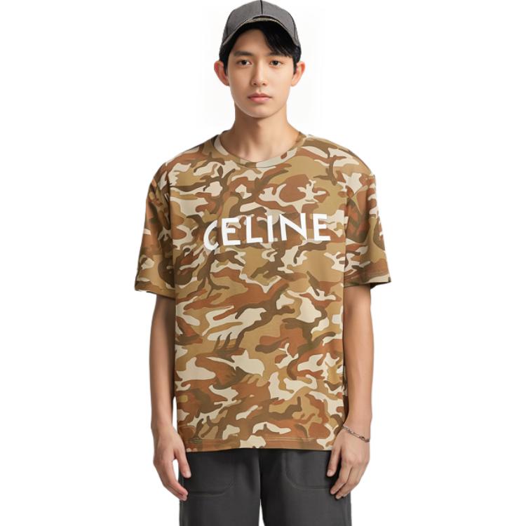 Sizing CELINE SS22 Kaos Longgar Logo Kamuflase - Warna Camo. 2X681246Q-08CW