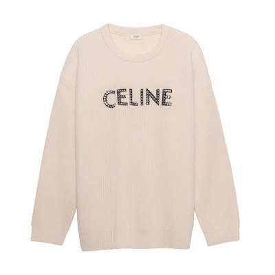 CELINE SS22 Logo Embroidered Studded Loose Fit Wool Sweater Beige 2A68W642Q-01OW