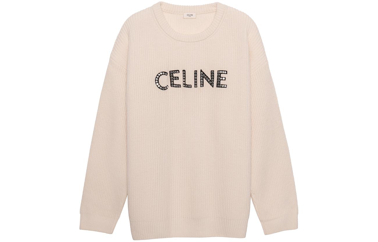 Order CELINE SS22 Sweater Wol Longgar Logo Bordir Studded Beige. 2A68W642Q-01OW
