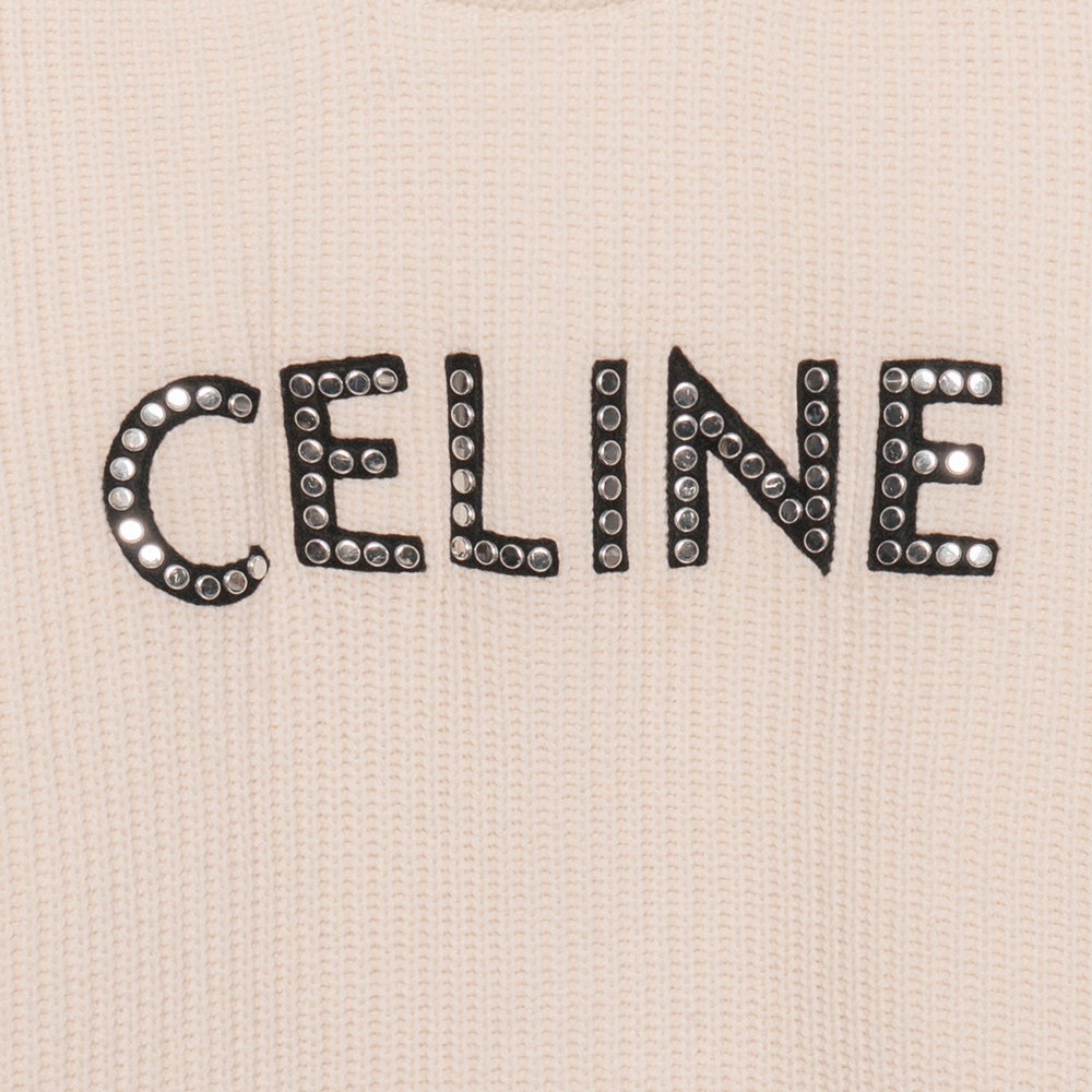 Details for CELINE SS22 Sweater Wol Longgar Logo Bordir Studded Beige. 2A68W642Q-01OW