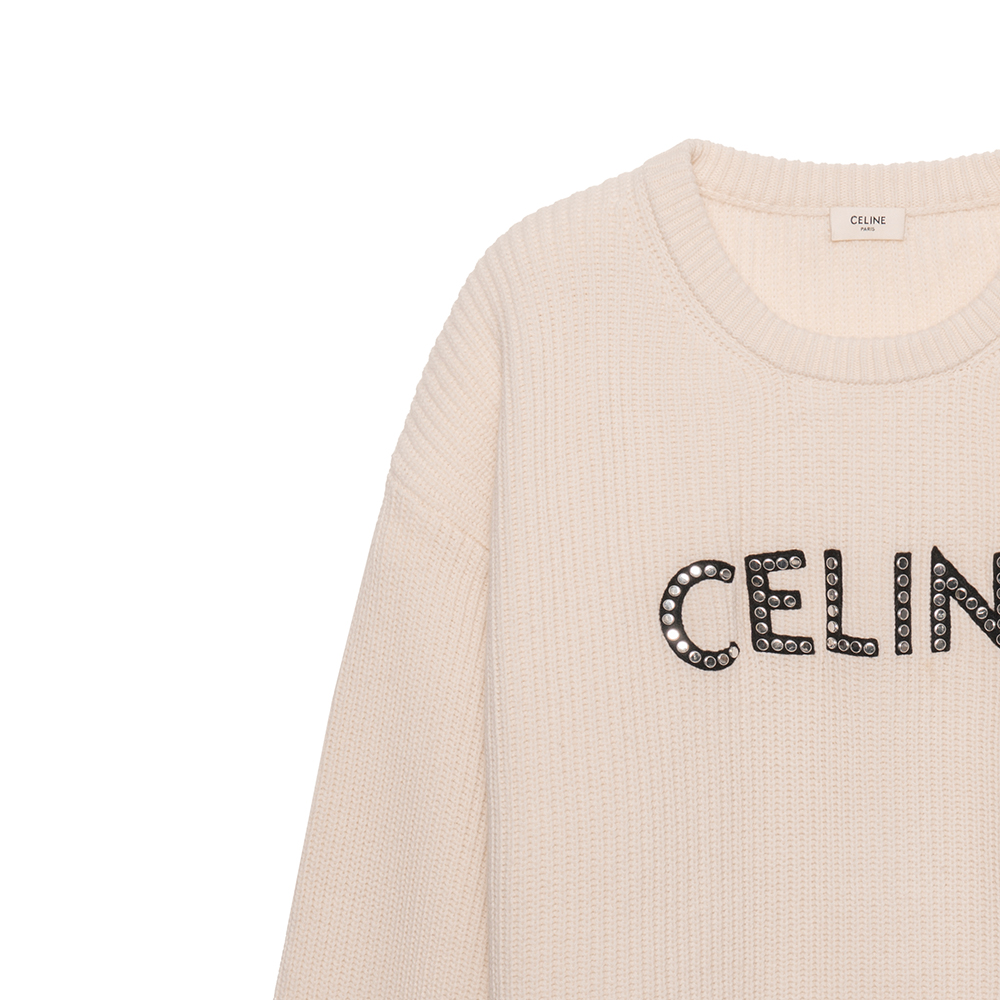 Sizing CELINE SS22 Sweater Wol Longgar Logo Bordir Studded Beige. 2A68W642Q-01OW