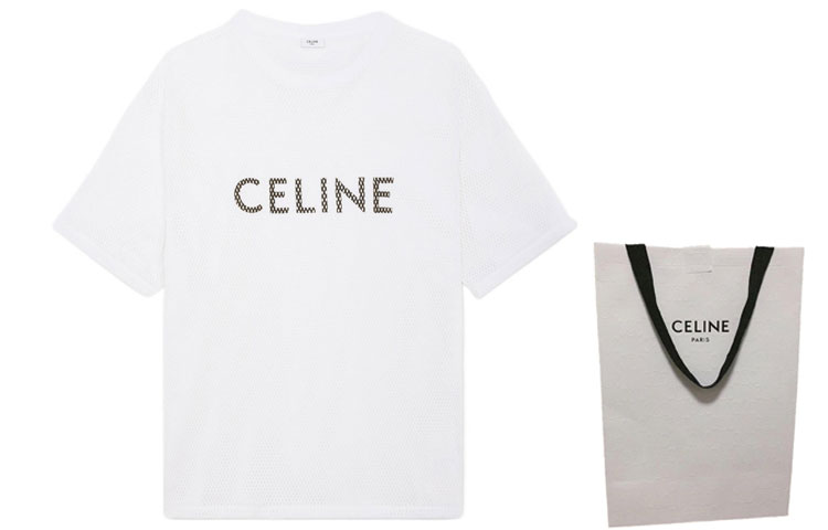 Shop CELINE SS22 Kaos Pria Logo Print Crewneck Warna Putih. 2X59A950P-01EA