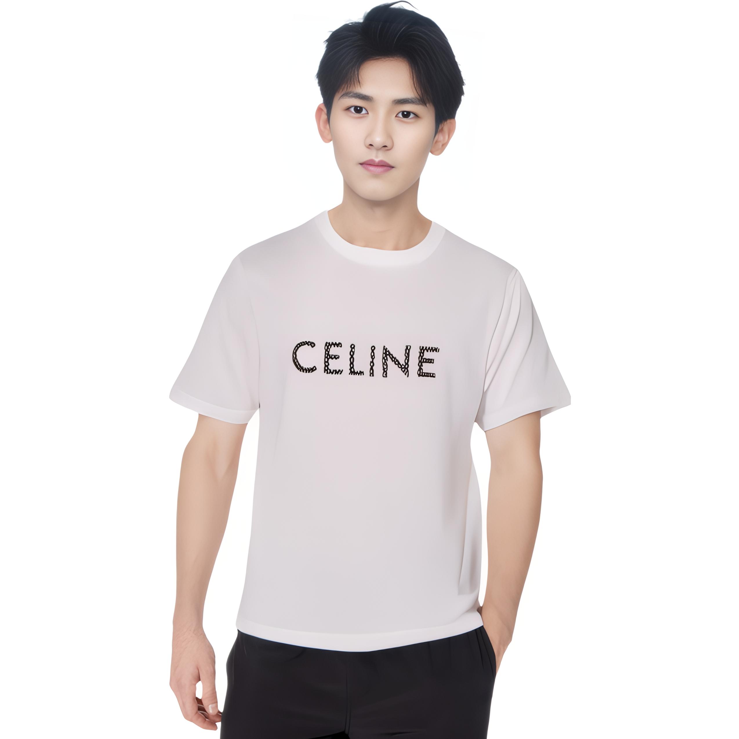 Details for CELINE SS22 Kaos Pria Logo Print Crewneck Warna Putih. 2X59A950P-01EA