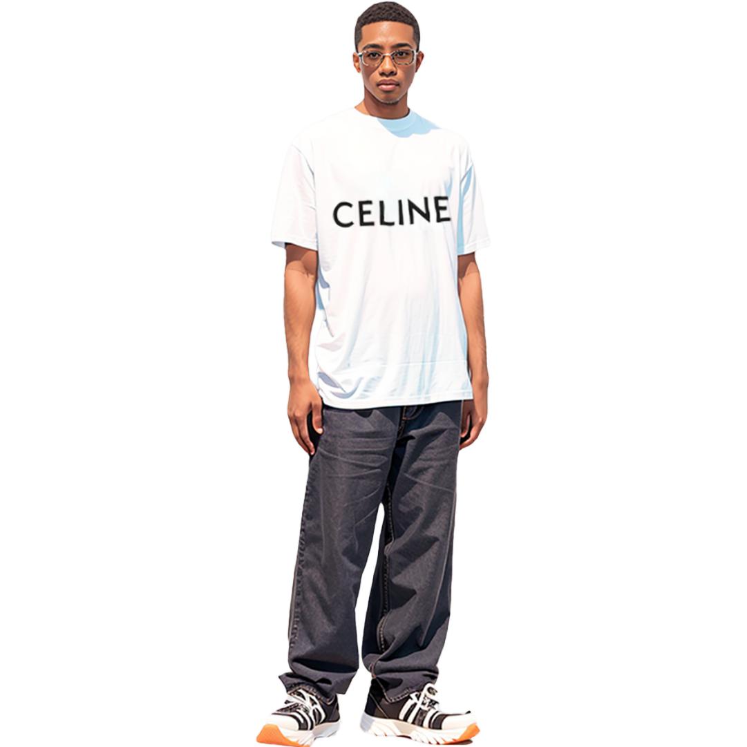 Shop CELINE 2022春夏系列 男女同款 白色印花圆领T恤 2X681671Q-01CC