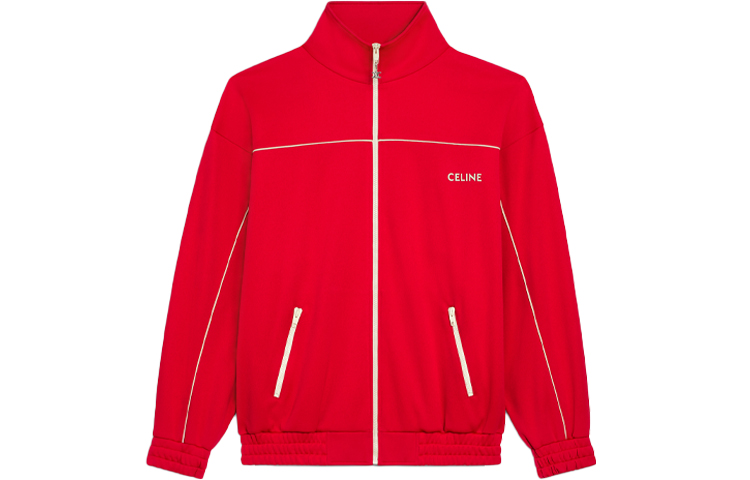 CELINE SS22 Red Knit Zip-Up Sweatshirt with Logo Design for Men. 2Y654121O-27RO