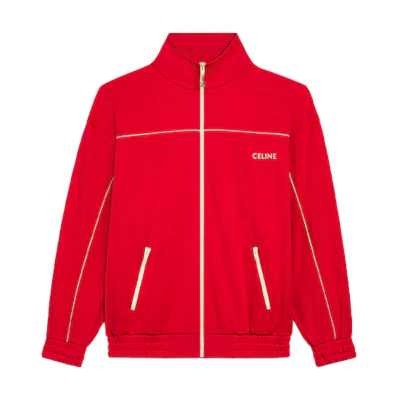 CELINE SS22 Red Knit Zip-Up Sweatshirt with Logo Design for Men. 2Y654121O-27RO
