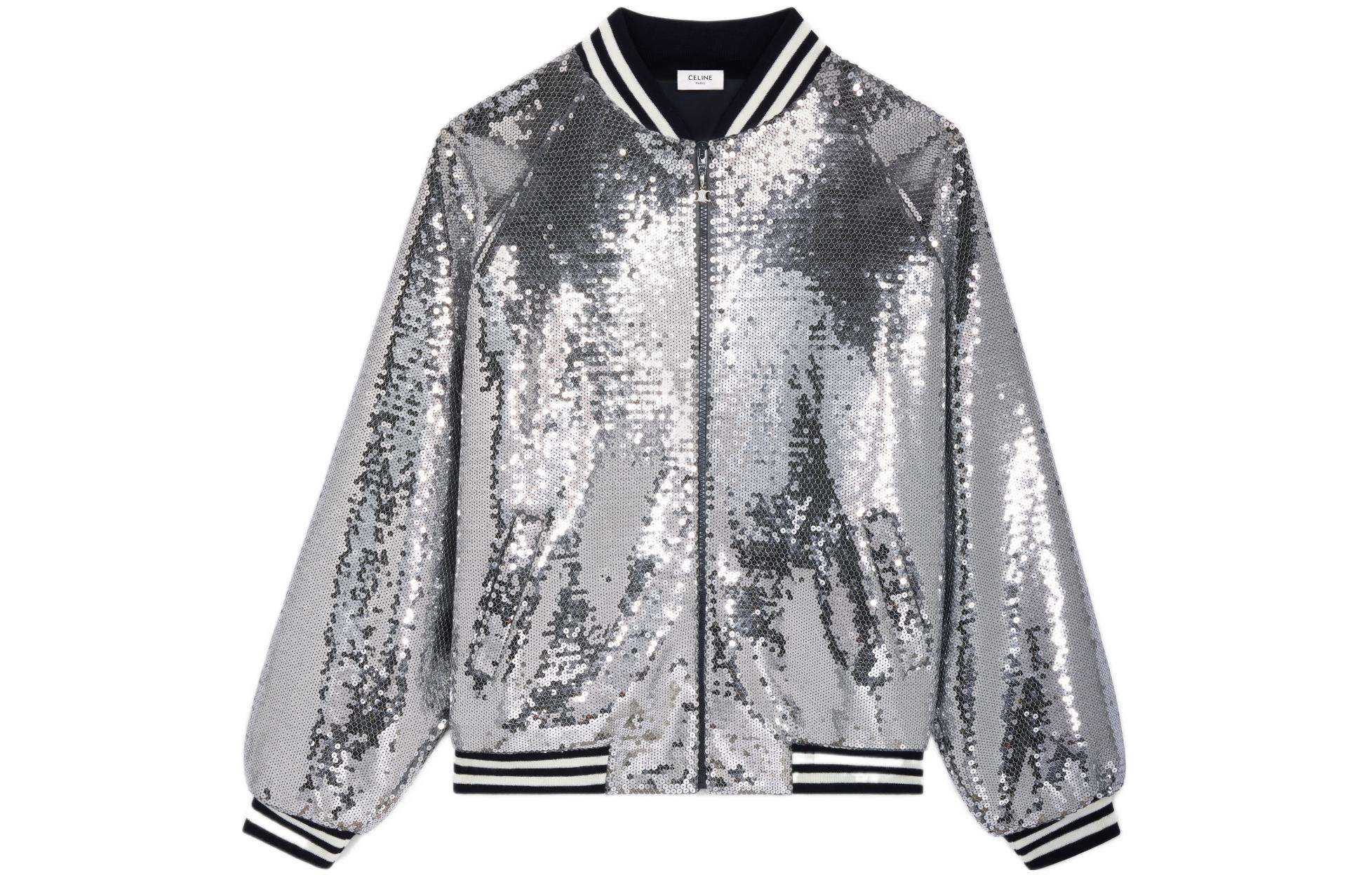 Celine SS22 Sequin Logo Embroidered Aviator Jacket Light Gray 2Y661670Q-08GC