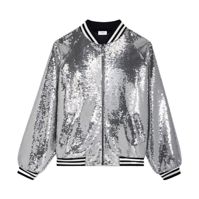 Celine SS22 Sequin Logo Embroidered Aviator Jacket Light Gray 2Y661670Q-08GC