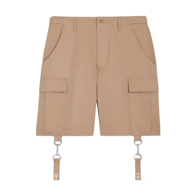 CELINE SS23 Beige Logo Print Pocket Shorts with Spring Buckle. 2Z383219I-02BG