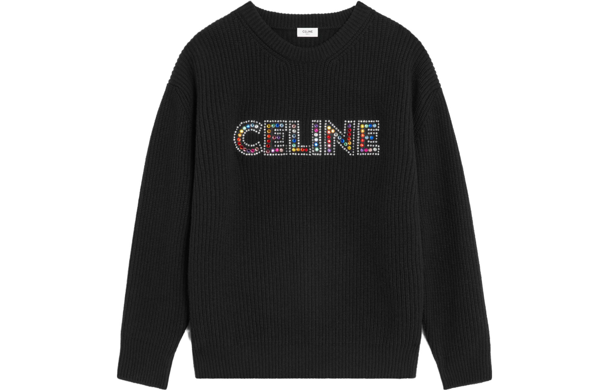 CELINE SS23  Black Logo Crystal Embellished Casual Knit Sweater. 2AG77445U-38NO