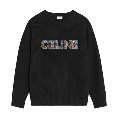 CELINE SS23 Black Logo Crystal Embellished Casual Knit Sweater. 2AG77445U-38NO