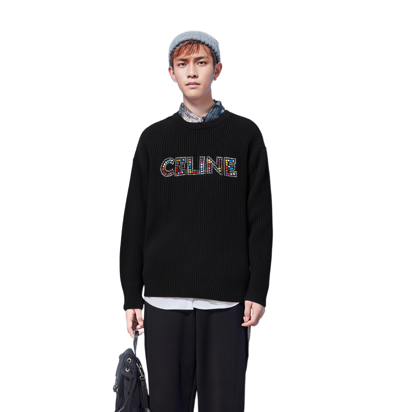 Shop CELINE SS23 Sweater Rajut Hitam Logo Kristal Kasual. 2AG77445U-38NO