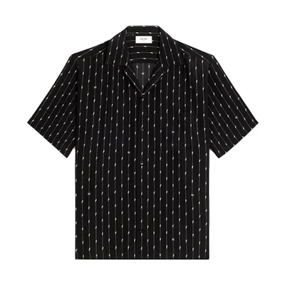 CELINE SS23 Black Striped Print Cuban Collar Short Sleeve Shirt. 2C946961R-38VA