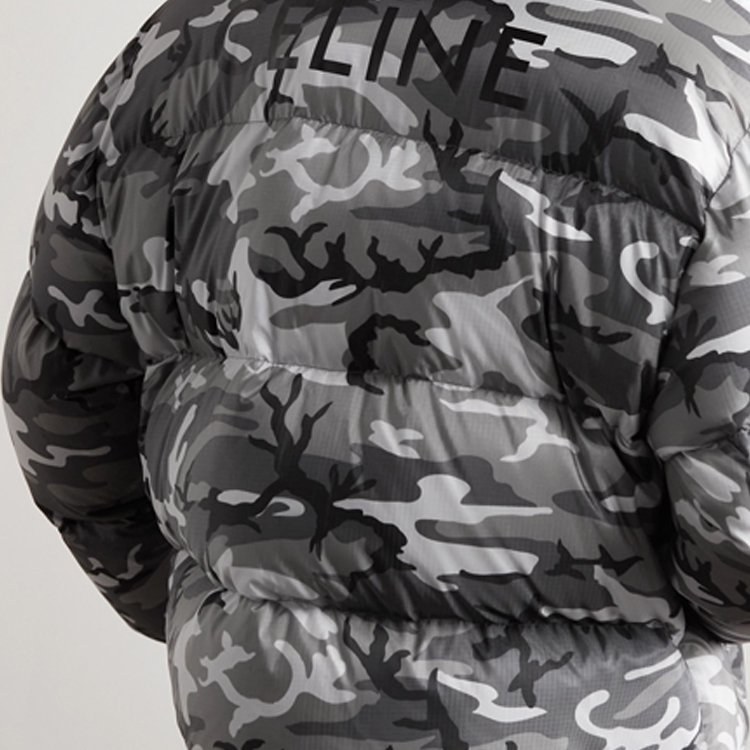 Shop CELINE SS23 Jaket Puffer Zip Corak Kelabu Camo. 2W7711553-Q38