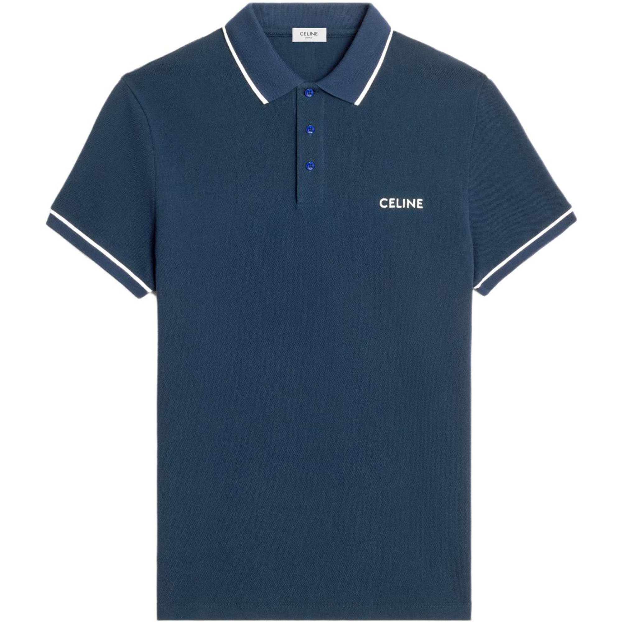 CELINE SS23  Logo Embroidered Short Sleeve Polo Shirt Navy Blue. 2X68E043F-07OW